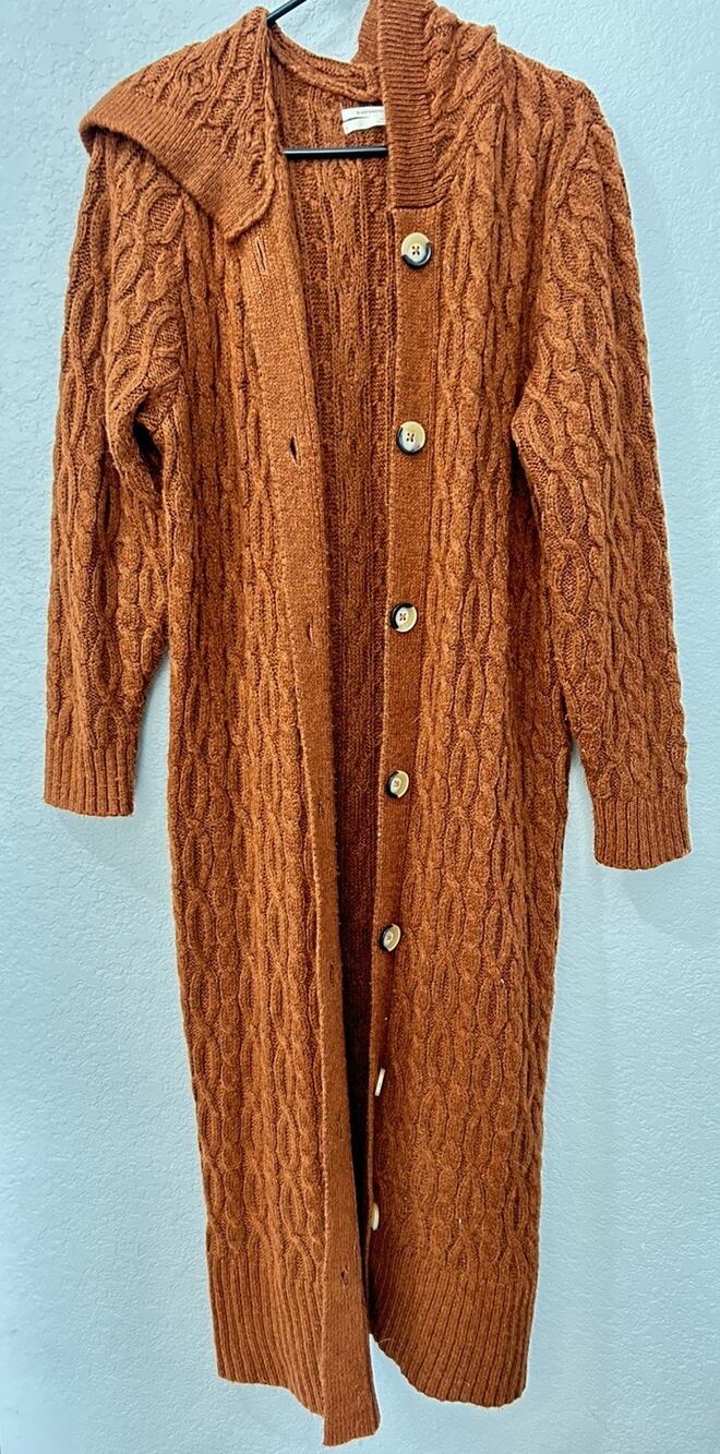 Anthropologie Sweater Womens L Rust Brown Hooded Cable Knit Long Cardigan Duster